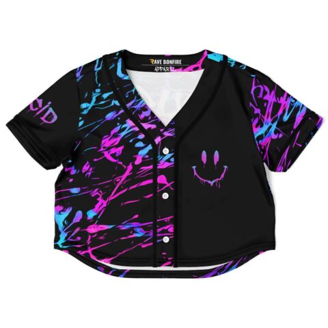 Pink and blue acid splatter crop jersey with dripping smiley chest logo, front view