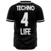 Black techno rave baseball jersey back view with Techno 4 Life glitch text print