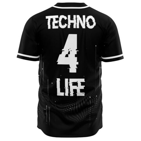 Black techno rave baseball jersey back view with Techno 4 Life glitch text print