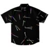 Black short sleeve rave button-down shirt with a colorful matchstick pattern