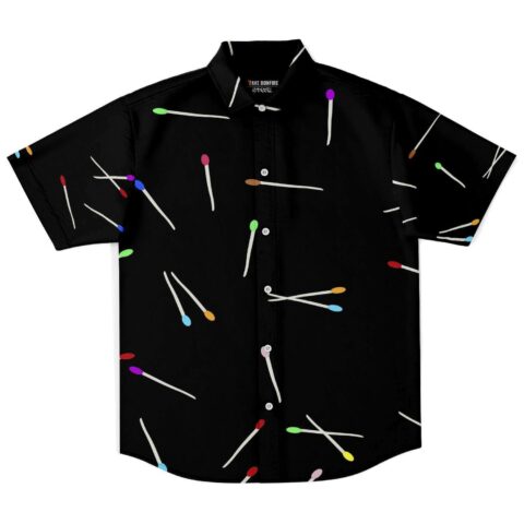 Black short sleeve rave button-down shirt with a colorful matchstick pattern