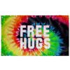 Rainbow tie dye spiral rave flag with bold FREE HUGS text and brass grommets