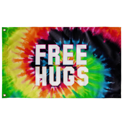 Rainbow tie dye spiral rave flag with bold FREE HUGS text and brass grommets
