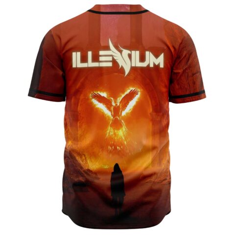 Illenium graphic baseball jersey back view with flaming phoenix and lightning arch design