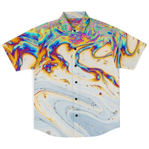 Front of the colorful swirled marble rave button-down shirt, short sleeve