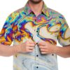 Model buttoning the colorful psychedelic rave button-down shirt