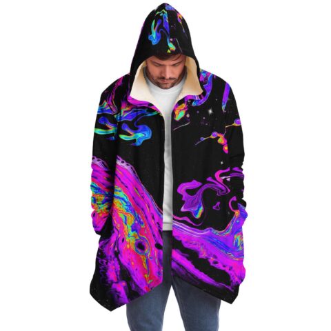 Man wearing psychedelic liquid swirl hooded cloak with cream sherpa lining open front
