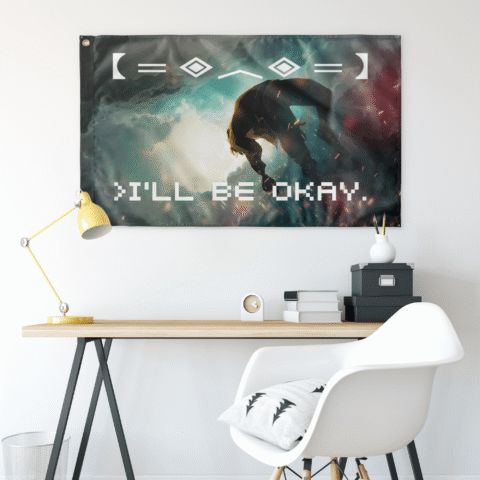 Silhouetted figure rave flag hung above a desk with yellow lamp