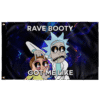 Black cartoon scientist rave flag with neon smoke and Rave Booty Got Me Like text