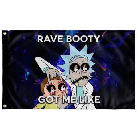 Black cartoon scientist rave flag with neon smoke and Rave Booty Got Me Like text