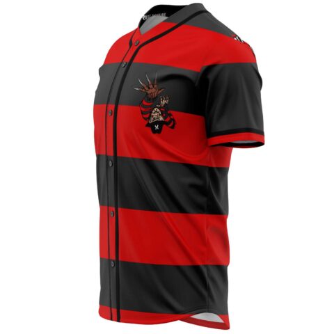 Side view of horror-inspired rave baseball jersey showing striped sleeve and clawed hand chest graphic