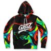 Liquid paint rave hoodie front view with GRiZ script logo over cosmic swirl print