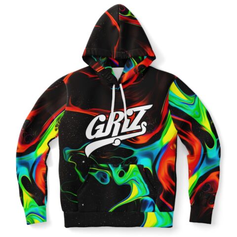 Liquid paint rave hoodie front view with GRiZ script logo over cosmic swirl print