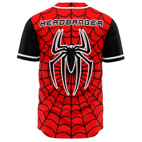 Back view of red spider web rave baseball jersey with HEADBANGER text and spider logo