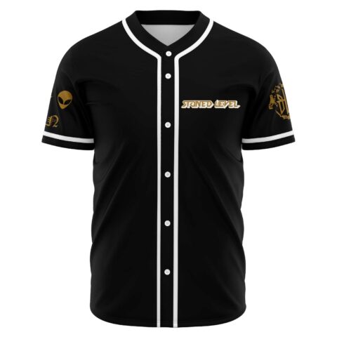 Black meditating alien rave baseball jersey front view with gold Stoned Level text and alien