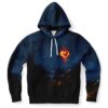 Flaming heart rave hoodie front view with navy ember sparks over black hem