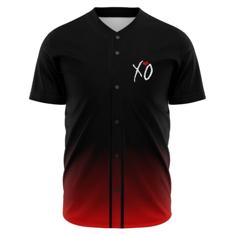 Black red ombre rave baseball jersey with XO heart logo on chest, front view