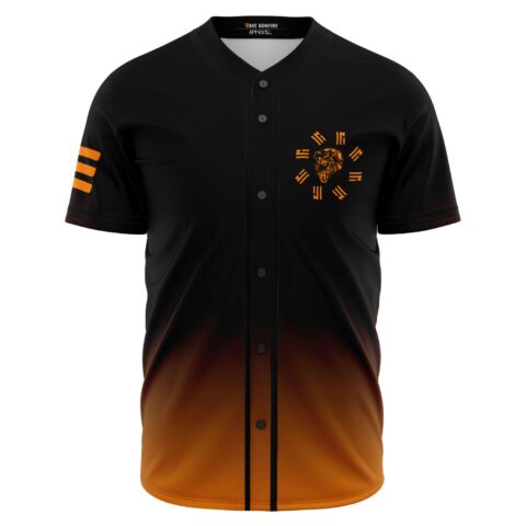 Zhu Nation baseball jersey front view with bagua wolf emblem on black orange fade