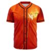 Fiery orange stormy sky rave baseball jersey with lightning bolt and wing logo front view
