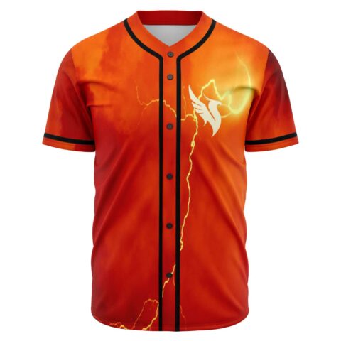 Fiery orange stormy sky rave baseball jersey with lightning bolt and wing logo front view