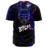 Back view of BTSM baseball jersey showing geometric wolf line art and smoke swirl design