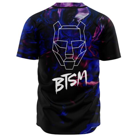 Back view of BTSM baseball jersey showing geometric wolf line art and smoke swirl design
