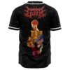 Back view showing floral skeleton graphic below red thorned logo on speckled black jersey