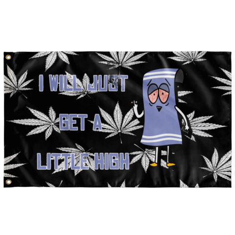 Black rave flag with leaf print and cartoon-style towel character reading I will just get