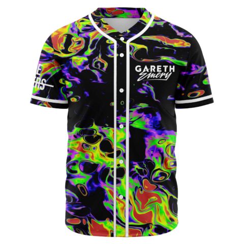 Neon acid trip swirl baseball jersey front view with Gareth Emery script logo