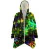 Front view of galaxy cannabis leaf rave cloak worn open, rainbow galaxy marijuana leaf print with cream fleece lining