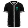 Black rave baseball jersey with teal cracked skull design on chest front view