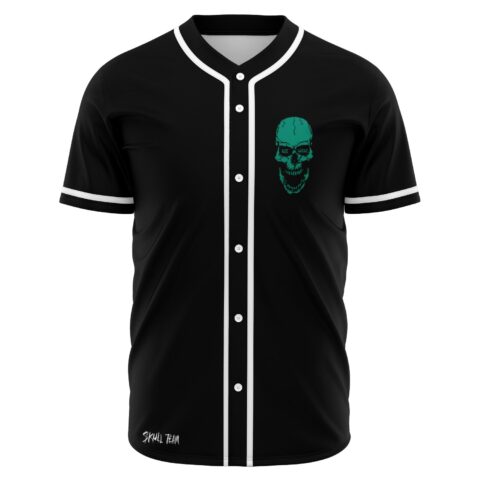 Black rave baseball jersey with teal cracked skull design on chest front view
