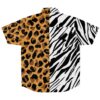 Back view of the zebra and leopard rave button-down shirt with contrasting animal prints