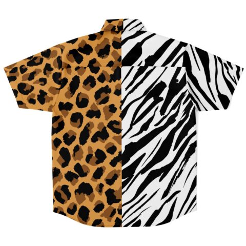 Back view of the zebra and leopard rave button-down shirt with contrasting animal prints
