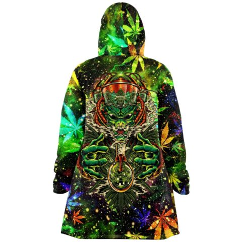 Back view of galaxy cannabis leaf rave cloak with a cosmic alien smoking a bong