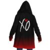 Back view of red and black gradient rave cloak with hood