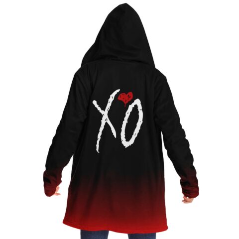 Back view of red and black gradient rave cloak with hood