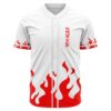 Red flame print baseball jersey with Japanese kanji text, front view on white background