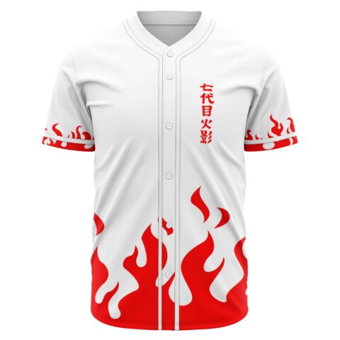 Red flame print baseball jersey with Japanese kanji text, front view on white background