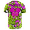 Back view of neon rave jersey with mouse-face graphic and swirling lime doodle print