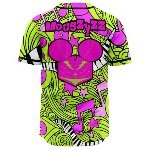 Back view of neon rave jersey with mouse-face graphic and swirling lime doodle print