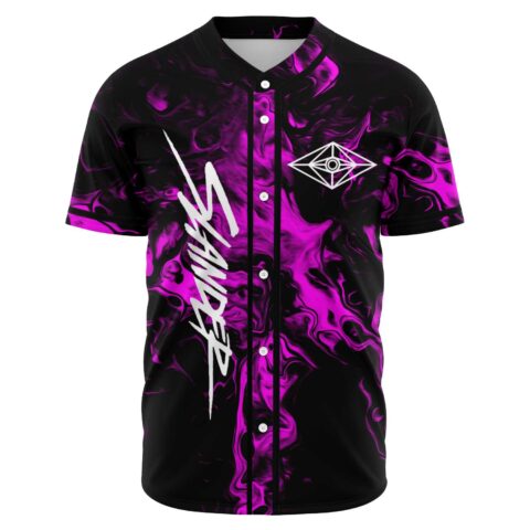 Black baseball jersey with swirling purple smoke print and diamond eye logo front view