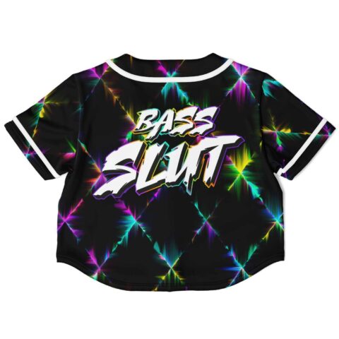 Black crop top with rainbow starburst and bold 'BASS SLUT' text
