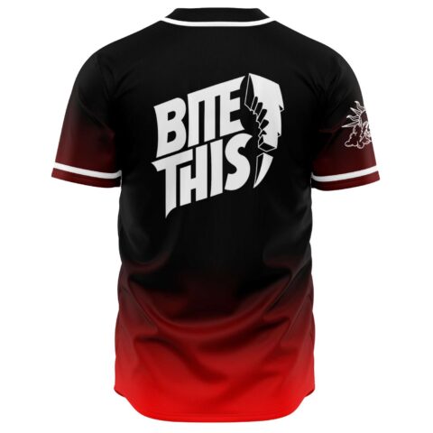 Bite This text graphic on back of black and red ombre baseball jersey