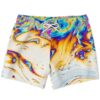 White marbled soap rave swim trunks with oil slick swirl print flat lay front