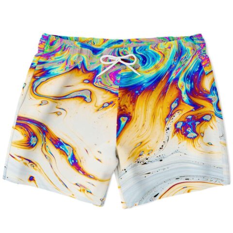 White marbled soap rave swim trunks with oil slick swirl print flat lay front