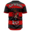 Back view of red and black striped baseball jersey with clawed glove graphic and text