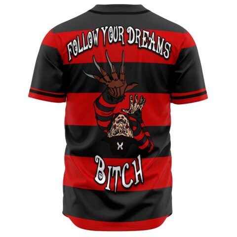 Back view of red and black striped baseball jersey with clawed glove graphic and text