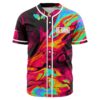 Baseball jersey with hot pink liquid swirl print and RL Grime chest logo, front view