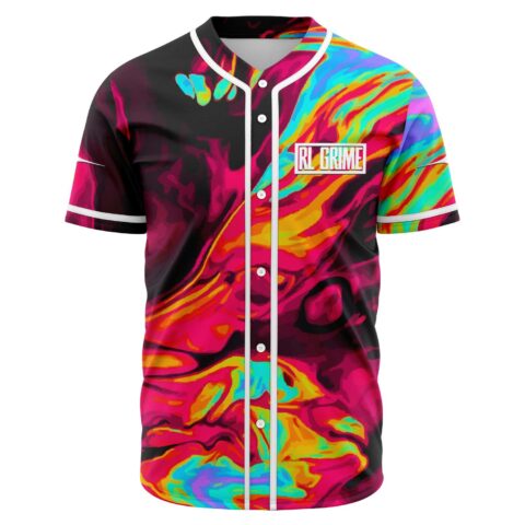 Baseball jersey with hot pink liquid swirl print and RL Grime chest logo, front view